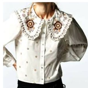 ZARA White Poplin Shirt with Embroidery  Peter Pan Collar SZ XS